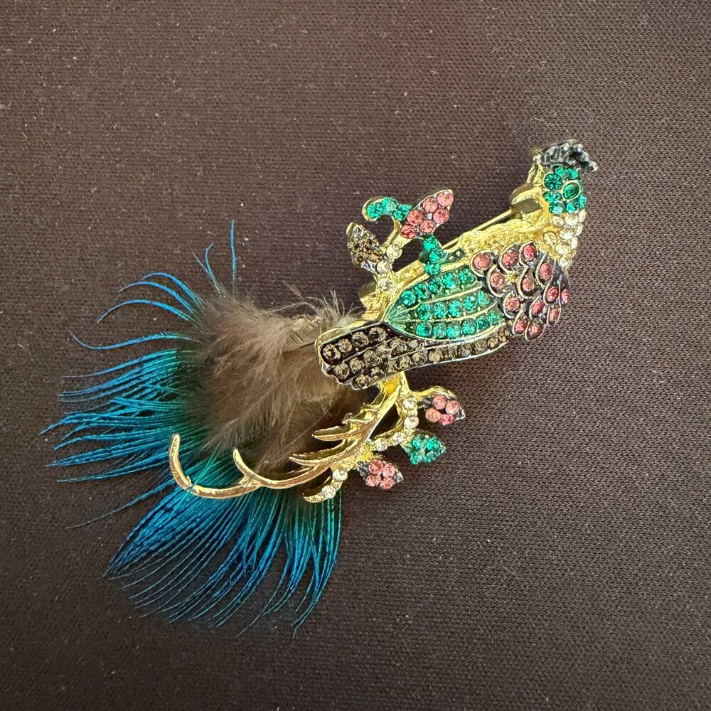 Peacock Feather Crystal Brooch - Green & Pink Accent